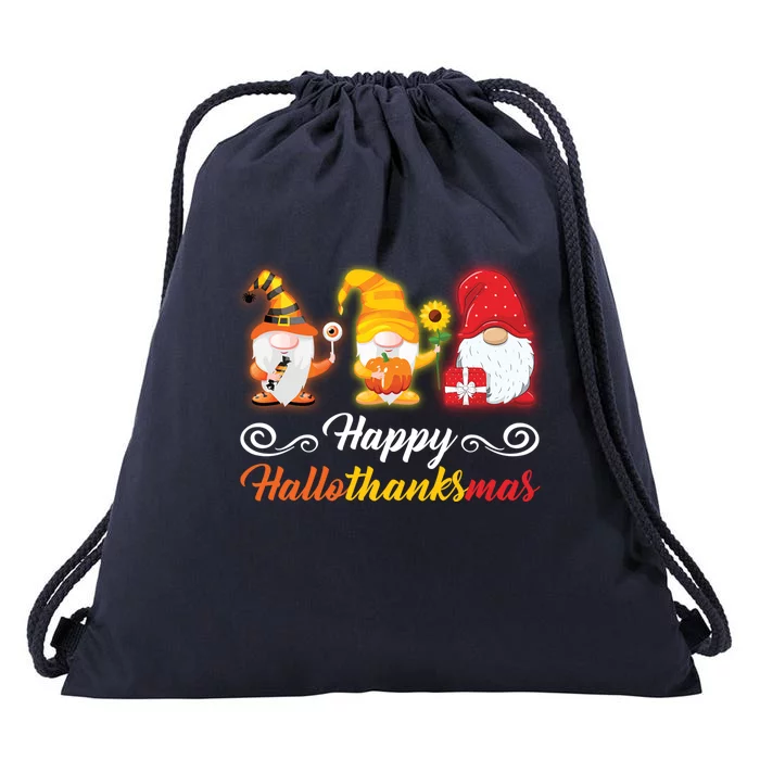 Happy Hallothanksmas Gnomes Halloween Thanksgiving Xmas Funny Gift Drawstring Bag