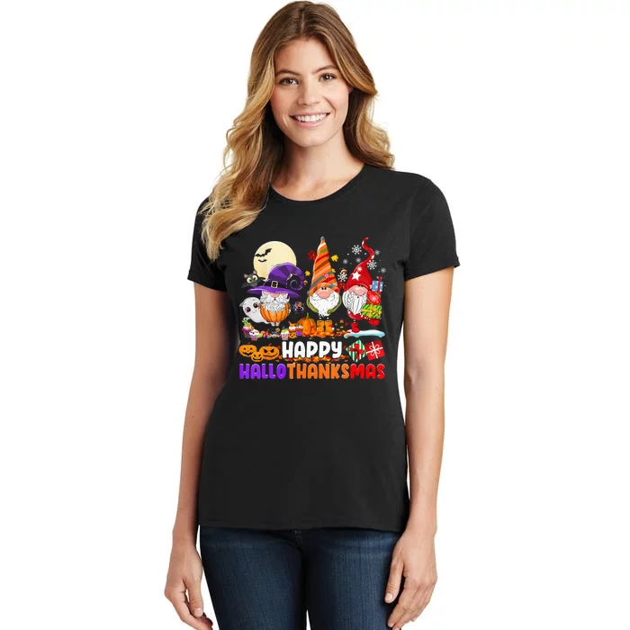 Happy Hallothanksmas Gnomes Halloween Thanksgiving Christmas Women's T-Shirt