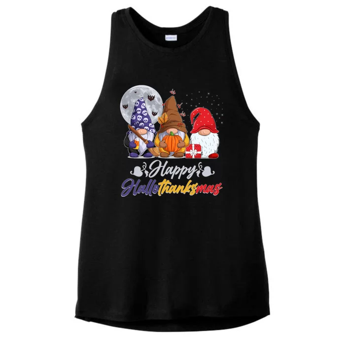 Happy Hallothanksmas Gnomes Ladies Tri-Blend Wicking Tank