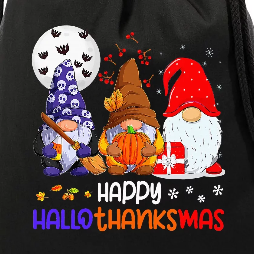 Happy Hallothanksmas Gnomes Halloween Thanksgiving Christmas Drawstring Bag