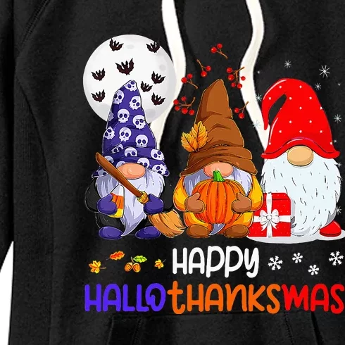 Happy Hallothanksmas Gnomes Halloween Thanksgiving Christmas Women's Fleece Hoodie