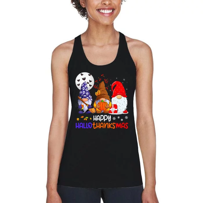 Happy Hallothanksmas Gnomes Halloween Thanksgiving Christmas Women's Racerback Tank