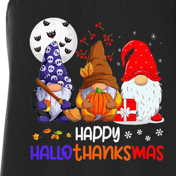 Happy Hallothanksmas Gnomes Halloween Thanksgiving Christmas Women's Racerback Tank