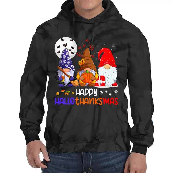 Happy Hallothanksmas Gnomes Halloween Thanksgiving Christmas Tie Dye Hoodie