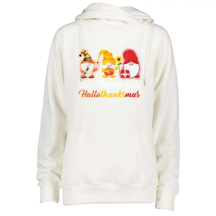 Happy Hallothanksmas Gnomes Halloween Thanksgiving Xmas Gift Womens Funnel Neck Pullover Hood