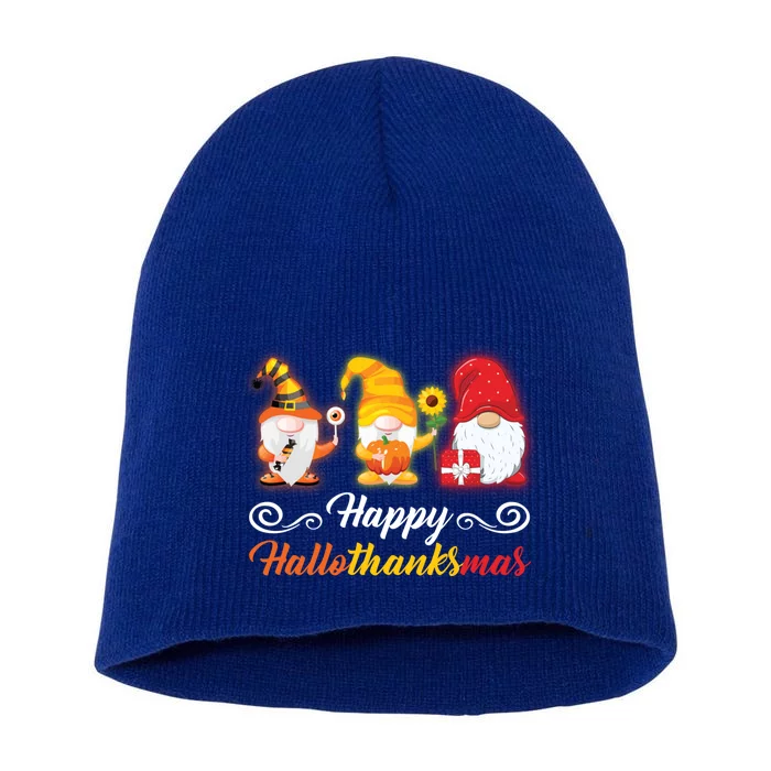 Happy Hallothanksmas Gnomes Halloween Thanksgiving Xmas Gift Short Acrylic Beanie