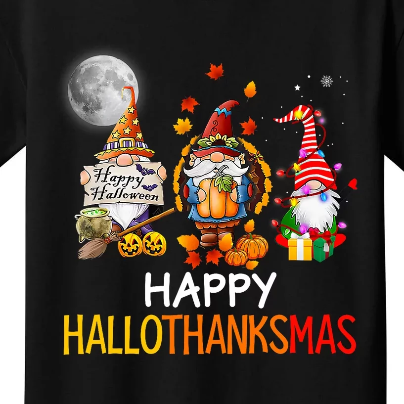 Happy Hallothanksmas Gnomes Lover Halloween Merry Christmas Kids T-Shirt