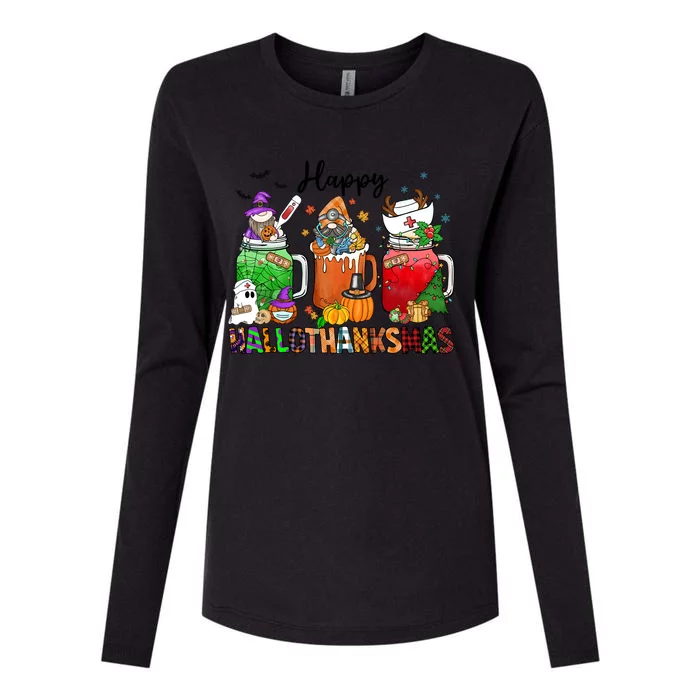 Happy Hallothanksmas Gnome Nurse Halloween Costume Pumpkin Gift Womens Cotton Relaxed Long Sleeve T-Shirt