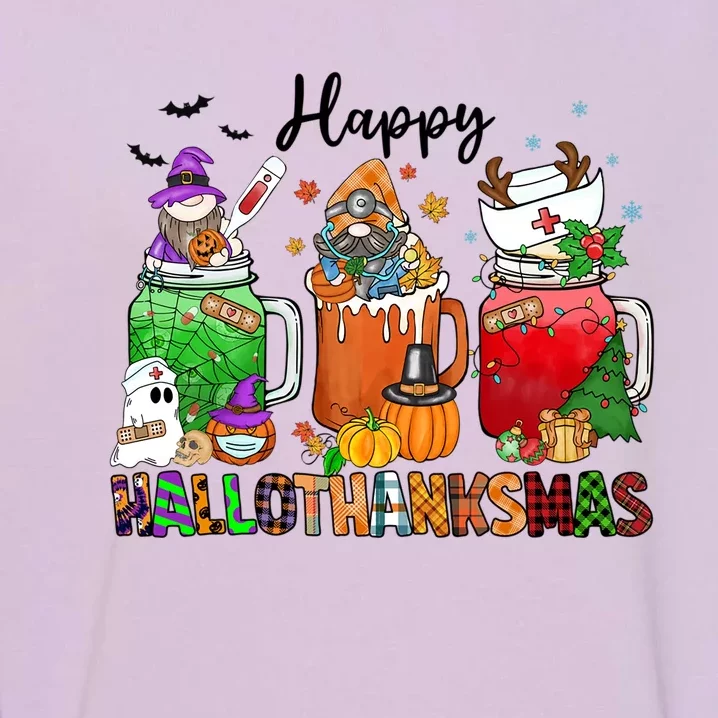 Happy Hallothanksmas Gnome Nurse Halloween Costume Pumpkin Gift Garment-Dyed Sweatshirt