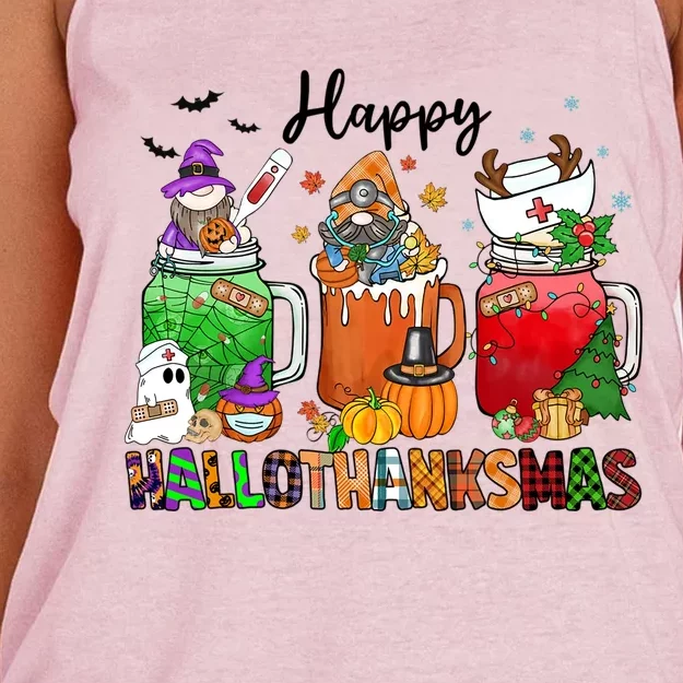 Happy Hallothanksmas Gnome Nurse Halloween Costume Pumpkin Gift Women's Knotted Racerback Tank