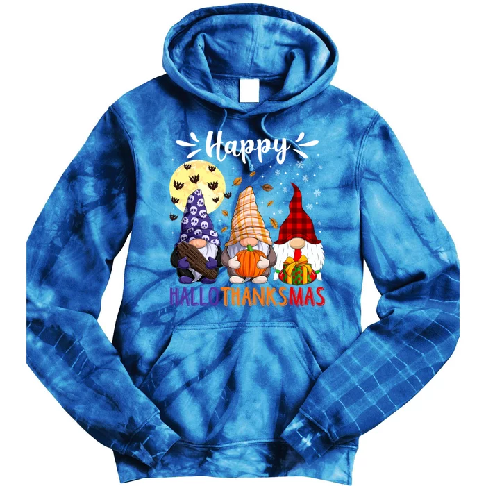 Happy Hallowthanksmas Gnomes Lover Santa Hat Pumpkin Turkey Tie Dye Hoodie