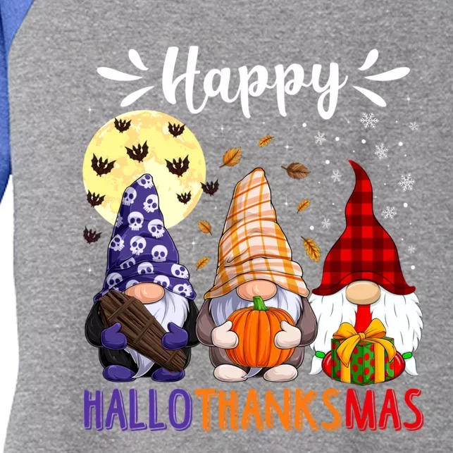 Happy Hallowthanksmas Gnomes Lover Santa Hat Pumpkin Turkey Women's Tri-Blend 3/4-Sleeve Raglan Shirt