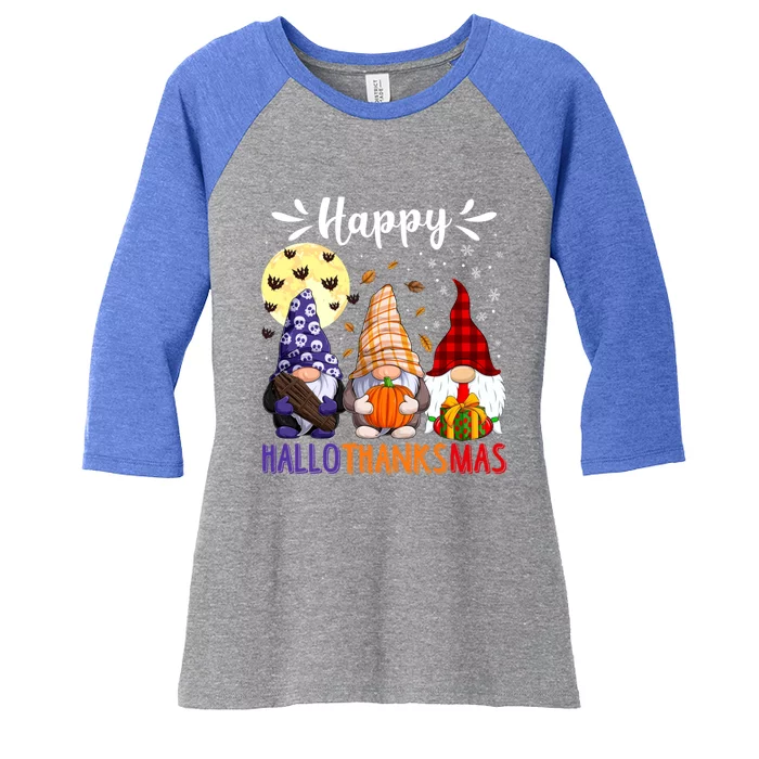 Happy Hallowthanksmas Gnomes Lover Santa Hat Pumpkin Turkey Women's Tri-Blend 3/4-Sleeve Raglan Shirt