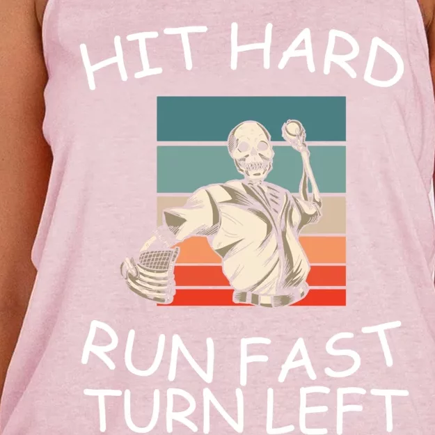 Hit Hard Gift Run Fast Gift Turn Left Gift Funny Baseball Cool Gift Women's Knotted Racerback Tank