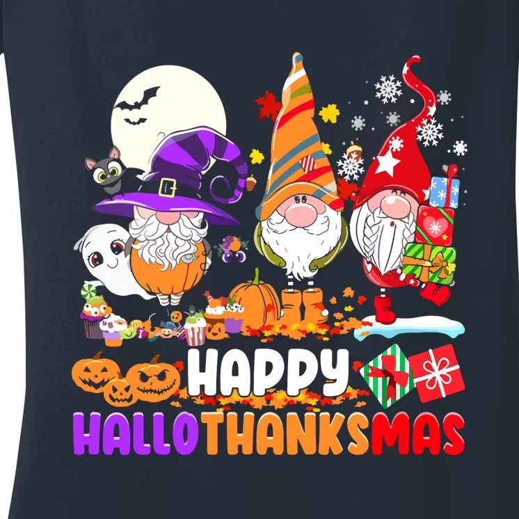 Happy Hallothanksmas Gnomes Halloween Thanksgiving Christmas Women's V-Neck T-Shirt