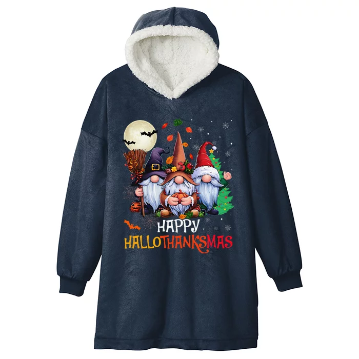 Happy Hallothanksmas Gnomes Lover Halloween Merry Christmas Hooded Wearable Blanket