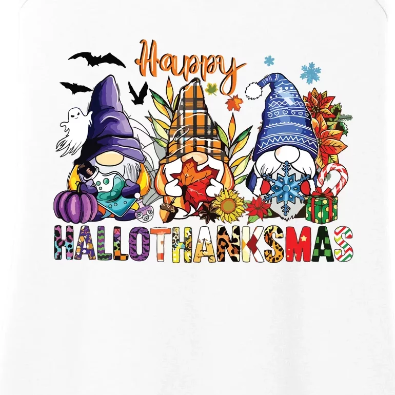 Happy Hallothanksmas Gnomes Halloween Thanksgiving Christmas Ladies Essential Tank