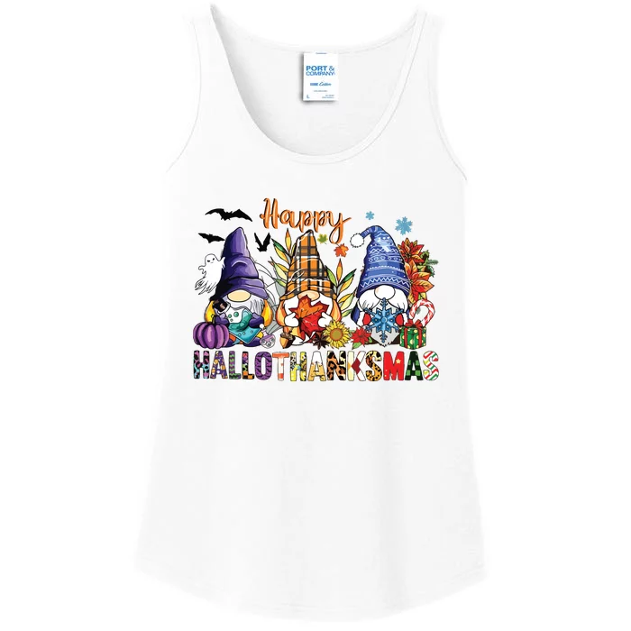 Happy Hallothanksmas Gnomes Halloween Thanksgiving Christmas Ladies Essential Tank