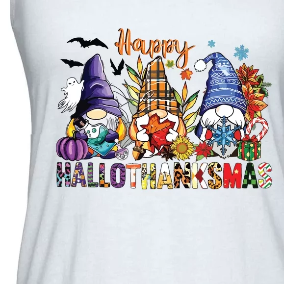 Happy Hallothanksmas Gnomes Halloween Thanksgiving Christmas Ladies Essential Flowy Tank