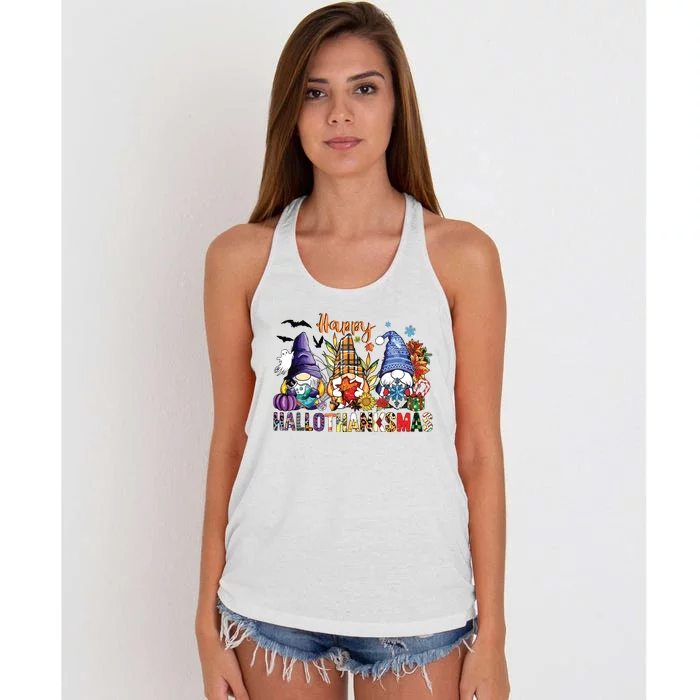 Happy Hallothanksmas Gnomes Halloween Thanksgiving Christmas Women's Knotted Racerback Tank