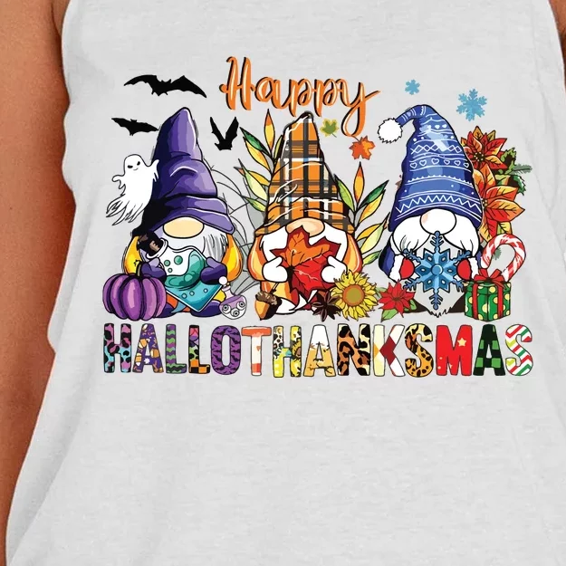 Happy Hallothanksmas Gnomes Halloween Thanksgiving Christmas Women's Knotted Racerback Tank