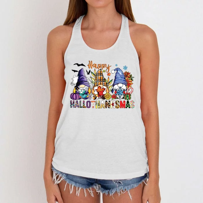 Happy Hallothanksmas Gnomes Halloween Thanksgiving Christmas Women's Knotted Racerback Tank