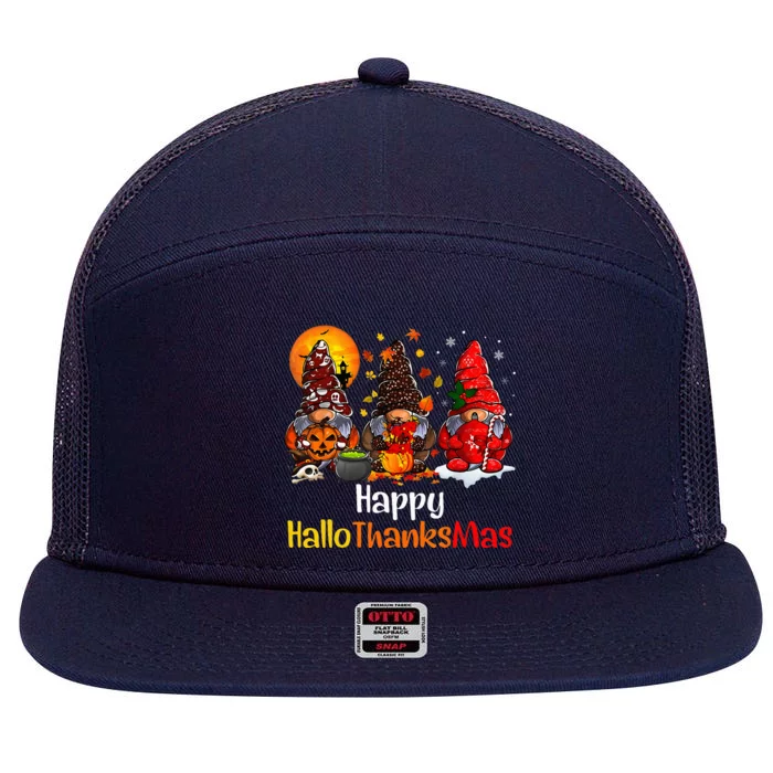 Happy Hallothanksmas Gnomes Halloween Thanksgiving Christmas 7 Panel Mesh Trucker Snapback Hat