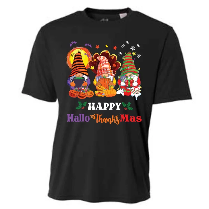 Happy Hallothanksmas Gnome Halloween Thanksgiving Christmas Cooling Performance Crew T-Shirt