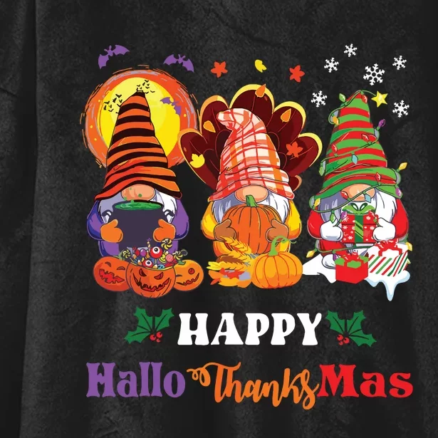 Happy Hallothanksmas Gnome Halloween Thanksgiving Christmas Hooded Wearable Blanket