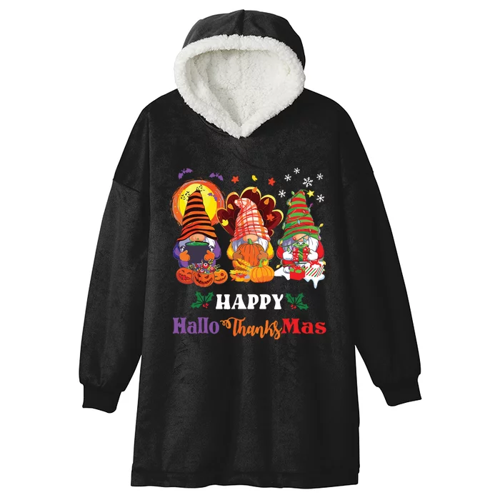 Happy Hallothanksmas Gnome Halloween Thanksgiving Christmas Hooded Wearable Blanket