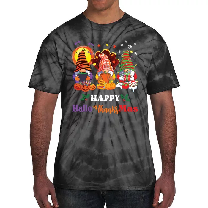 Happy Hallothanksmas Gnome Halloween Thanksgiving Christmas Tie-Dye T-Shirt