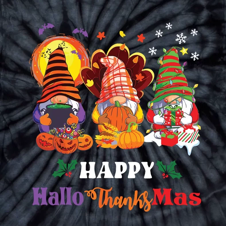 Happy Hallothanksmas Gnome Halloween Thanksgiving Christmas Tie-Dye T-Shirt