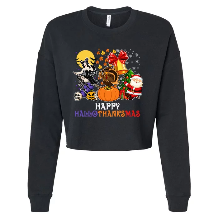 HAPPY HALLOTHANKSMAS GNOME Halloween Thanksgiving Christmas Cropped Pullover Crew