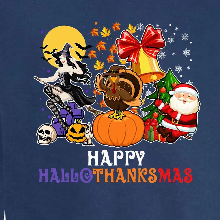 HAPPY HALLOTHANKSMAS GNOME Halloween Thanksgiving Christmas Garment-Dyed Sweatshirt