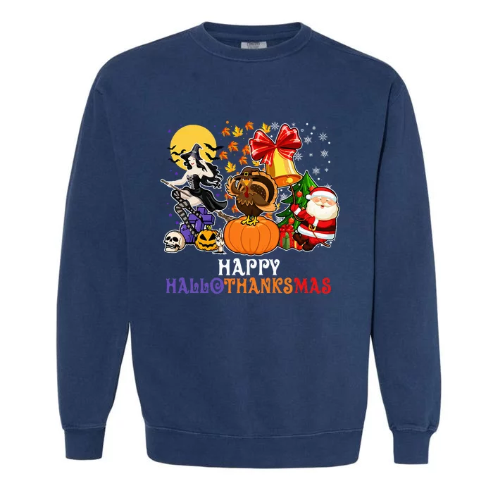 HAPPY HALLOTHANKSMAS GNOME Halloween Thanksgiving Christmas Garment-Dyed Sweatshirt