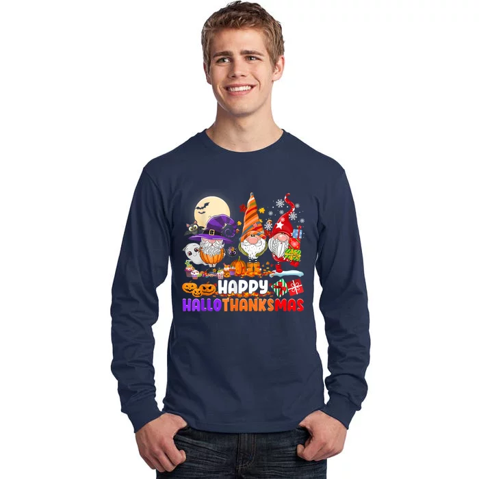 Happy Hallothanksmas Gnomes Halloween Thanksgiving Christmas Tall Long Sleeve T-Shirt