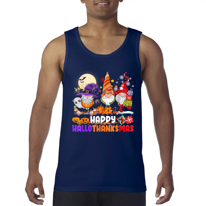 Happy Hallothanksmas Gnomes Halloween Thanksgiving Christmas Tank Top