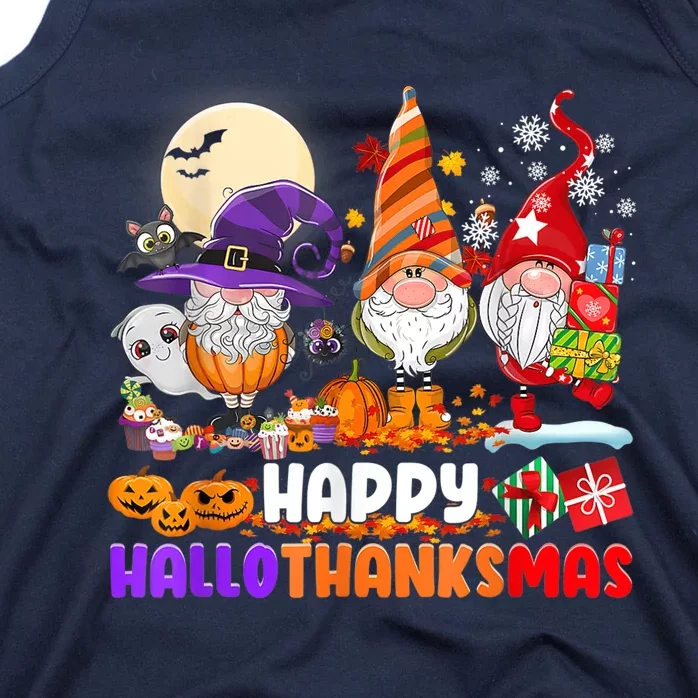 Happy Hallothanksmas Gnomes Halloween Thanksgiving Christmas Tank Top