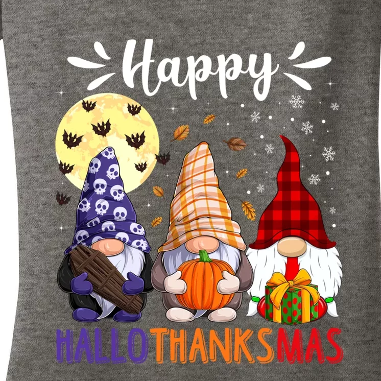 Happy Hallowthanksmas Gnomes Lover Santa Hat Pumpkin Turkey Women's V-Neck T-Shirt