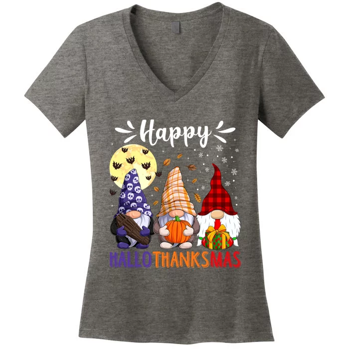 Happy Hallowthanksmas Gnomes Lover Santa Hat Pumpkin Turkey Women's V-Neck T-Shirt