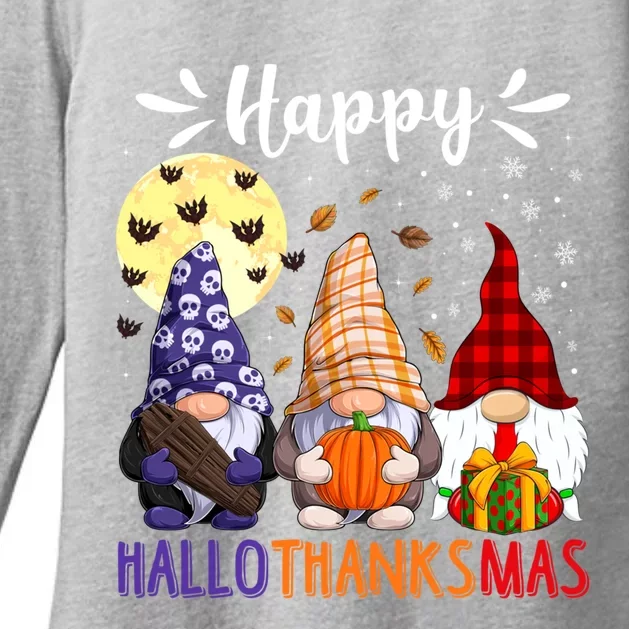 Happy Hallowthanksmas Gnomes Lover Santa Hat Pumpkin Turkey Womens CVC Long Sleeve Shirt