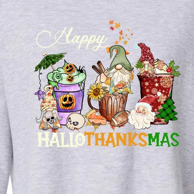 Happy Hallothanksmas Gnome Merry Christmas Thanksgiving Gift Cropped Pullover Crew