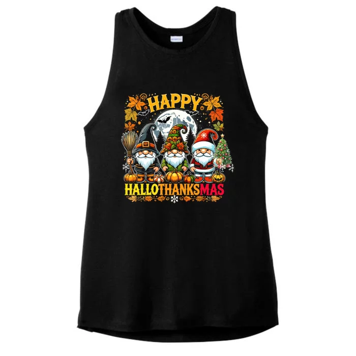 Happy Hallothanksmas Gnomes Lover Halloween Merry Christmas Ladies Tri-Blend Wicking Tank