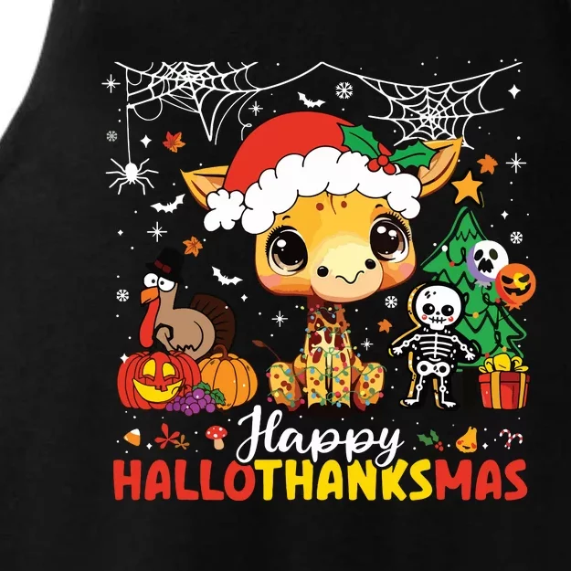 Happy Hallothanksmas Giraffe Halloween Thanksgiving Xmas Ladies Tri-Blend Wicking Tank