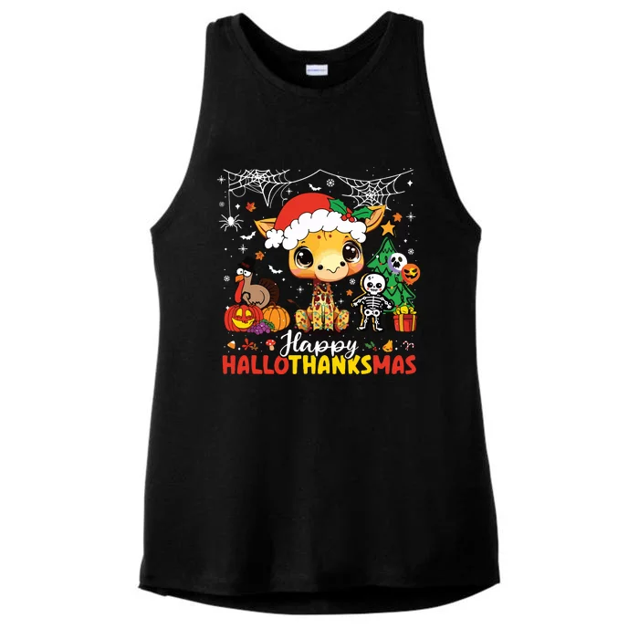 Happy Hallothanksmas Giraffe Halloween Thanksgiving Xmas Ladies Tri-Blend Wicking Tank