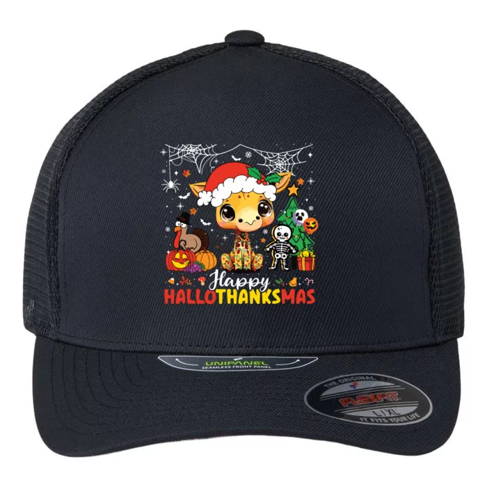 Happy Hallothanksmas Giraffe Halloween Thanksgiving Xmas Flexfit Unipanel Trucker Cap