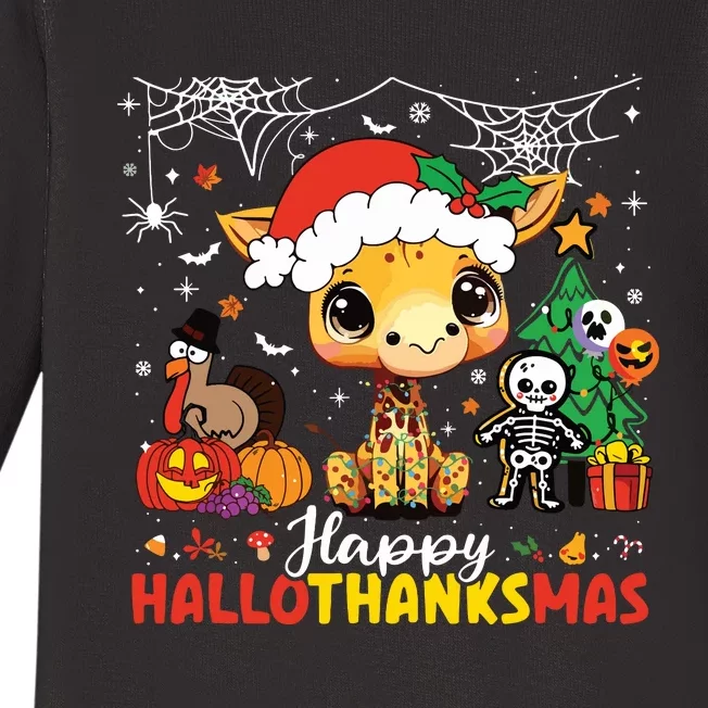 Happy Hallothanksmas Giraffe Halloween Thanksgiving Xmas Baby Long Sleeve Bodysuit