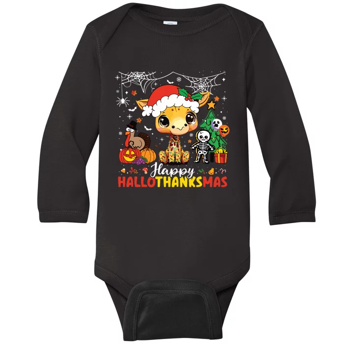 Happy Hallothanksmas Giraffe Halloween Thanksgiving Xmas Baby Long Sleeve Bodysuit