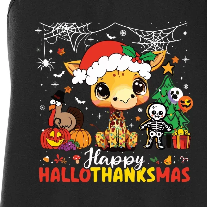 Happy Hallothanksmas Giraffe Halloween Thanksgiving Xmas Women's Racerback Tank