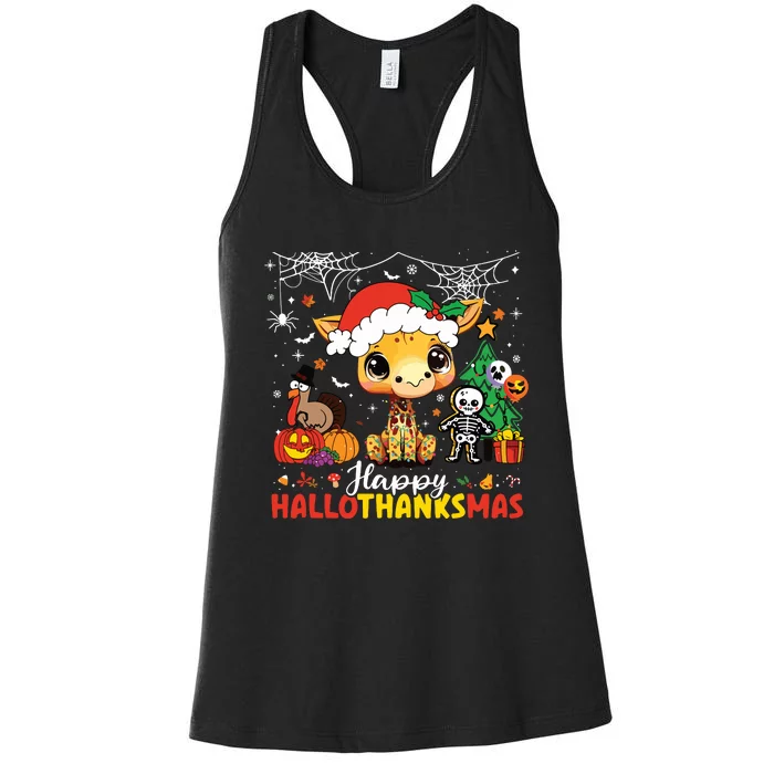 Happy Hallothanksmas Giraffe Halloween Thanksgiving Xmas Women's Racerback Tank